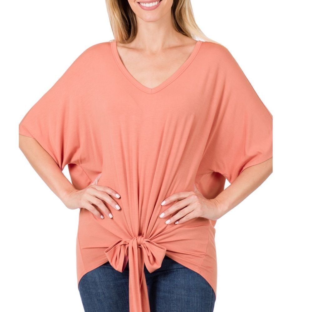 LUXE RAYON V-NECK TIE FRONT TOP Ash Rose